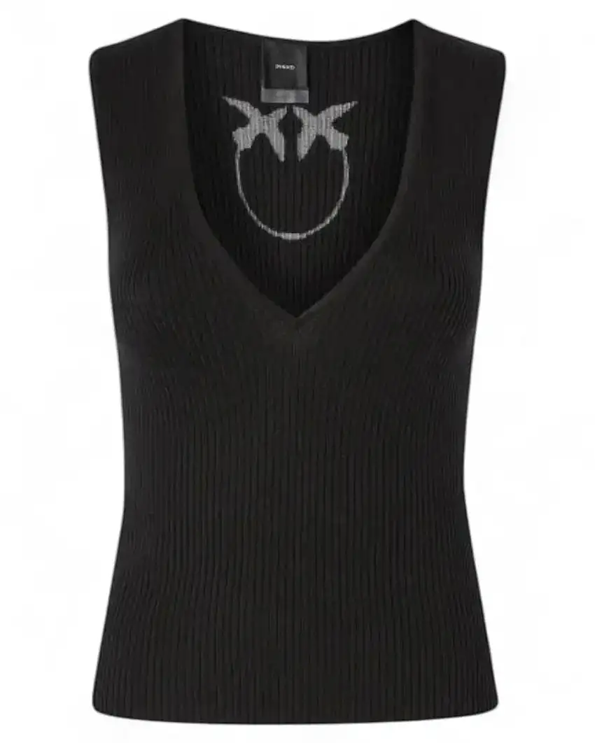 Top Slim Fit a Coste – Scollo a V Profondo e Logo Love Birds