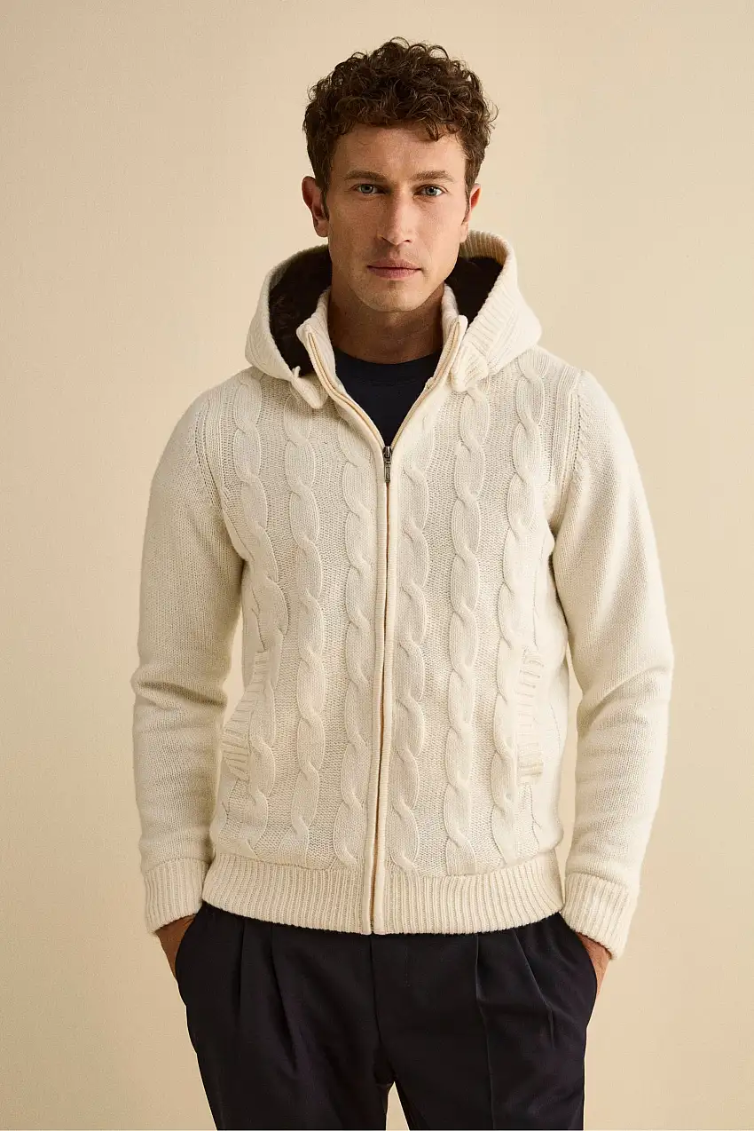 Bomber in Cashmere con Cappuccio e Pelliccia - BIANCO
