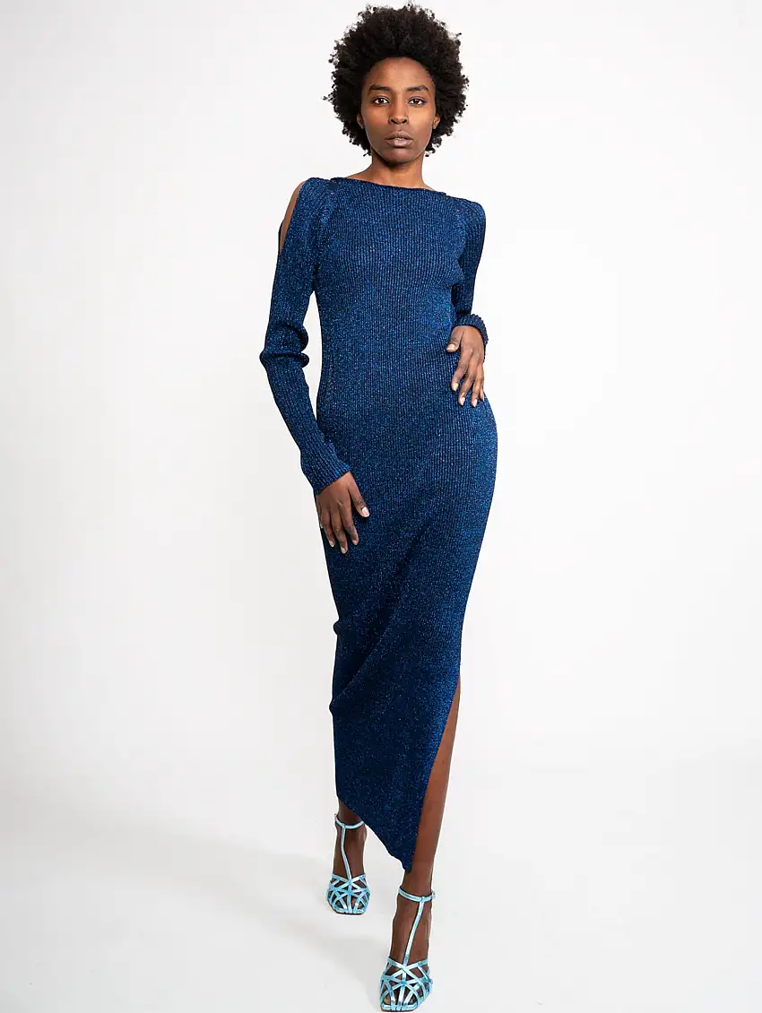 Abito Aderente in Lurex Blu
