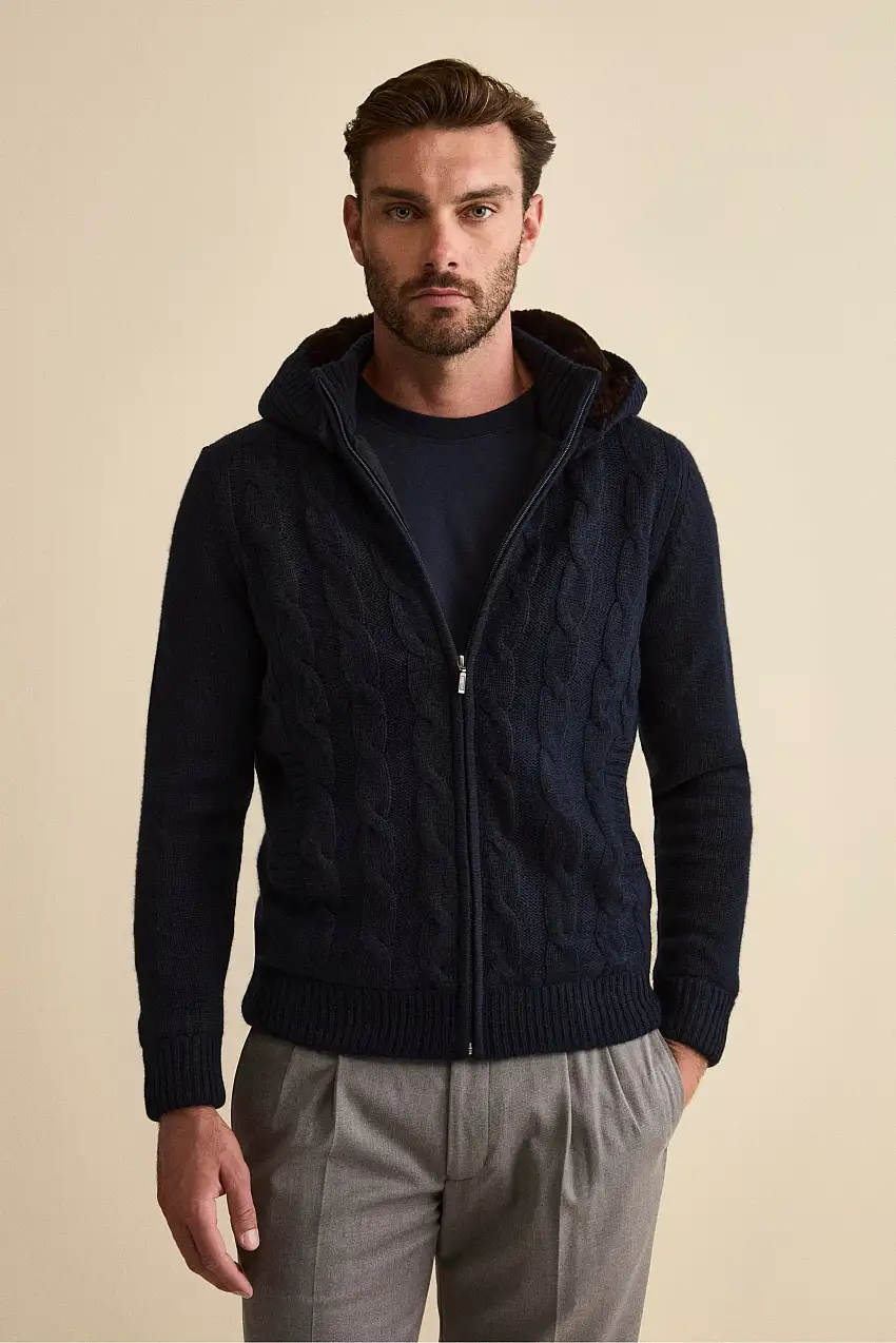 Bomber in Cashmere con Cappuccio e Pelliccia - BLU