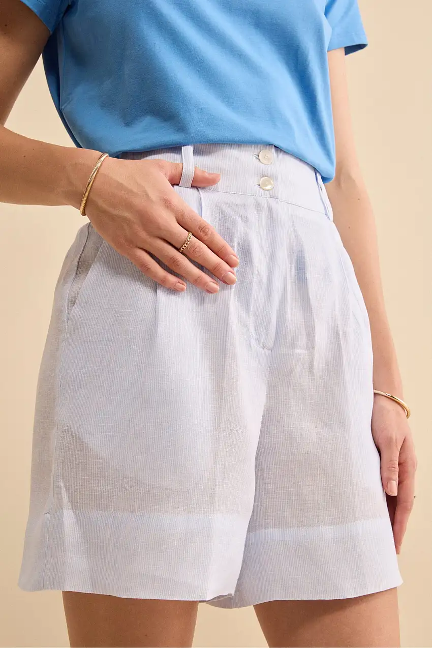 Bermuda a Righe in Lino con Pinces - AZZURRO RIGATO