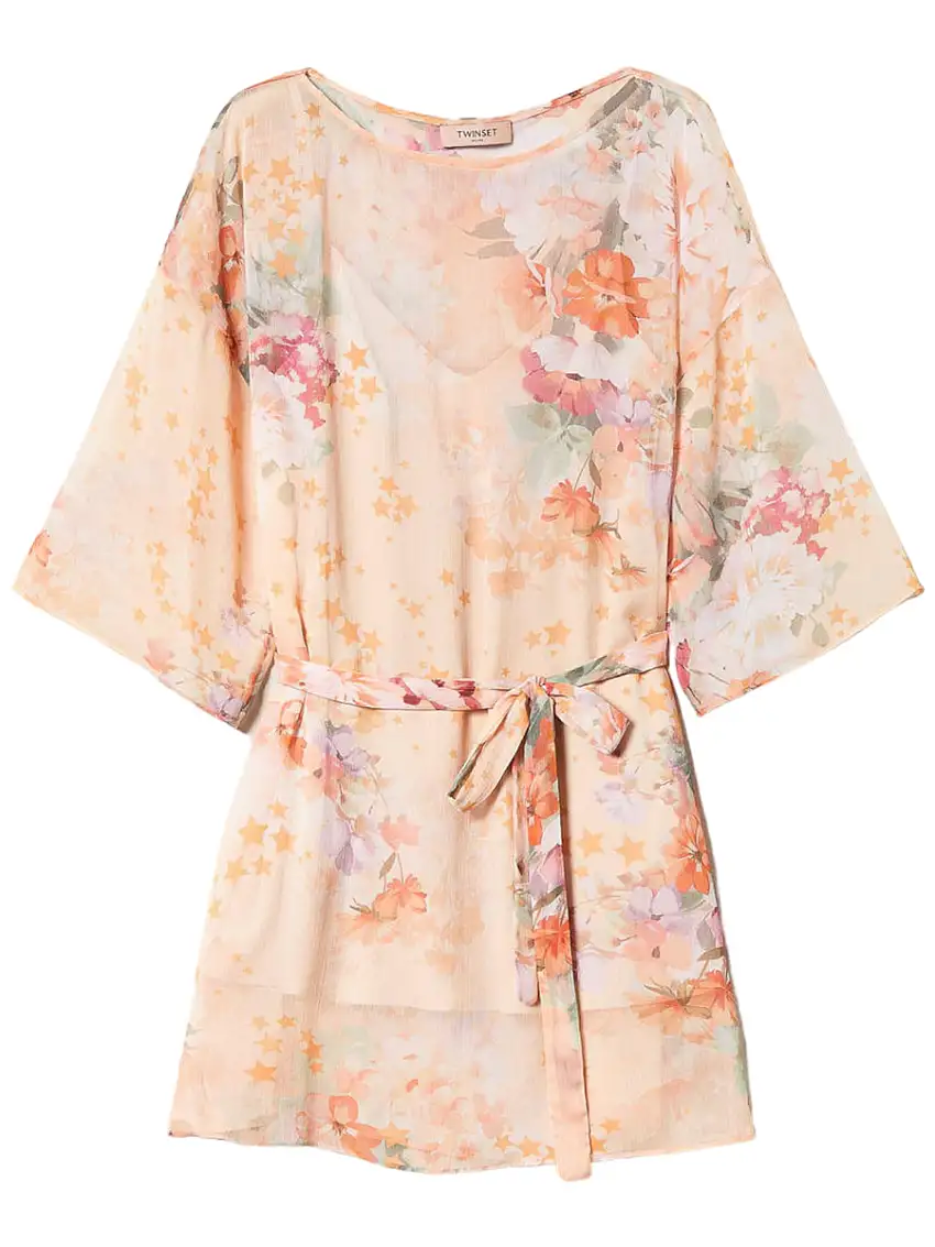 Abito Corto in Creponne a Fiori e Stelle | Scollo a Barchetta e Cintura Abbinata | Acquista Ora