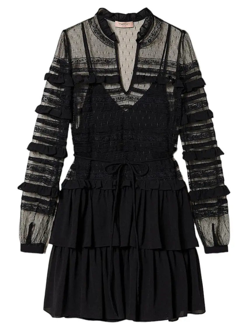 Abito Corto Cerimonia in Tulle Plumetis e Pizzo con Sottoveste Crêpe de Chine