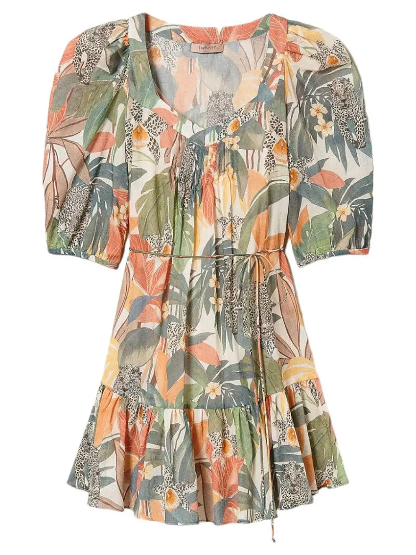 Abito Corto Twinset in Mussola di Cotone con Stampa Jungle e Cintura Coordinata