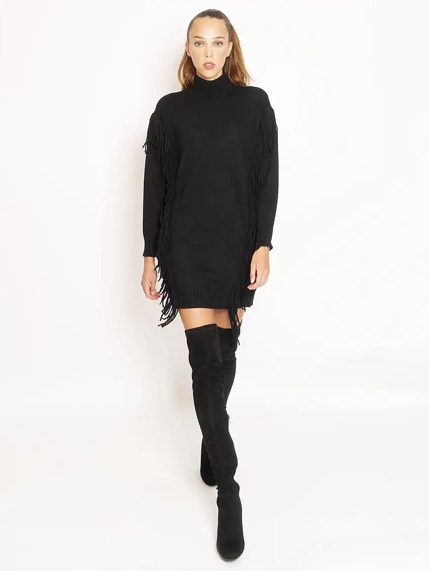 Abito in Maglia con Frange - Nero