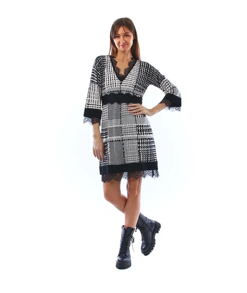 TWINSET WOMEN'S SHORT DRESS IN PRINTED LACE KNIT 212TT3241 SNOW BLACK