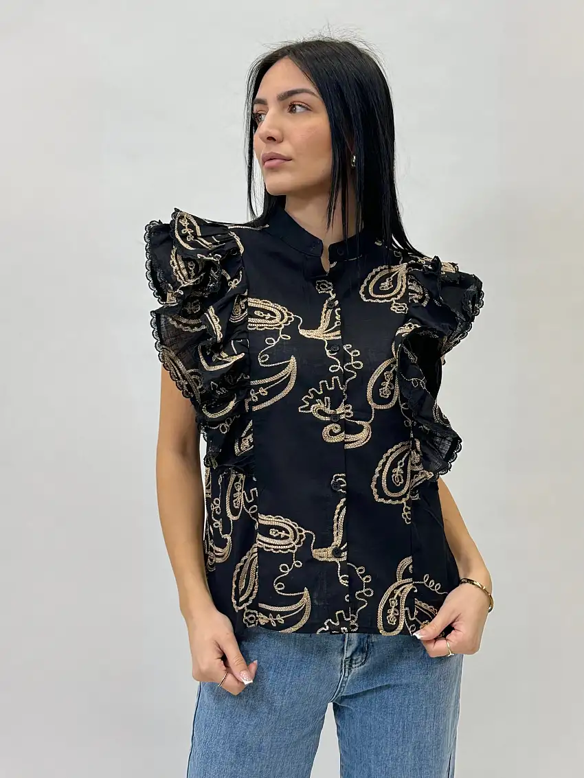 Blusa in cotone con maniche a volant con ricami
