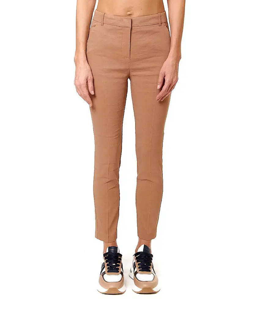 PINKO STRETCH LINEN TROUSERS BEAUTIFUL CARAMEL