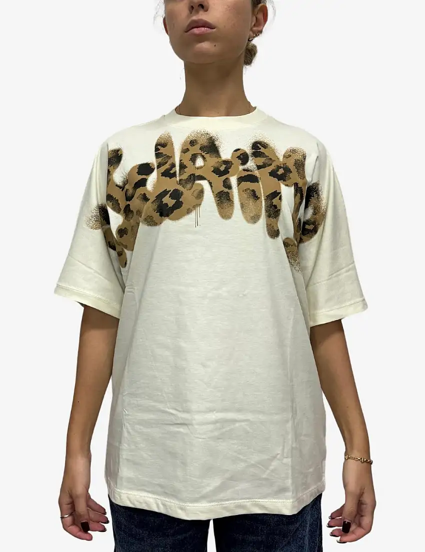 T-Shirt Disclaimer girocollo con logo leopardato donna