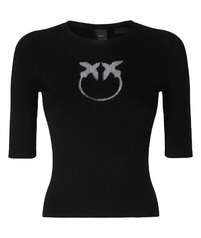 PINKO RIBBED SWEATER WITH TRANSPARENT BLACK TRITONE LOGO