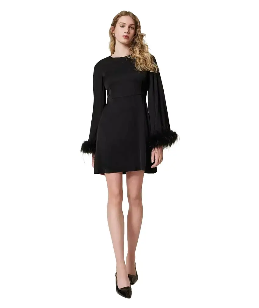 TWINSET SHORT SATIN DRESS WITH FEATHERS 242TP2346 BLACK