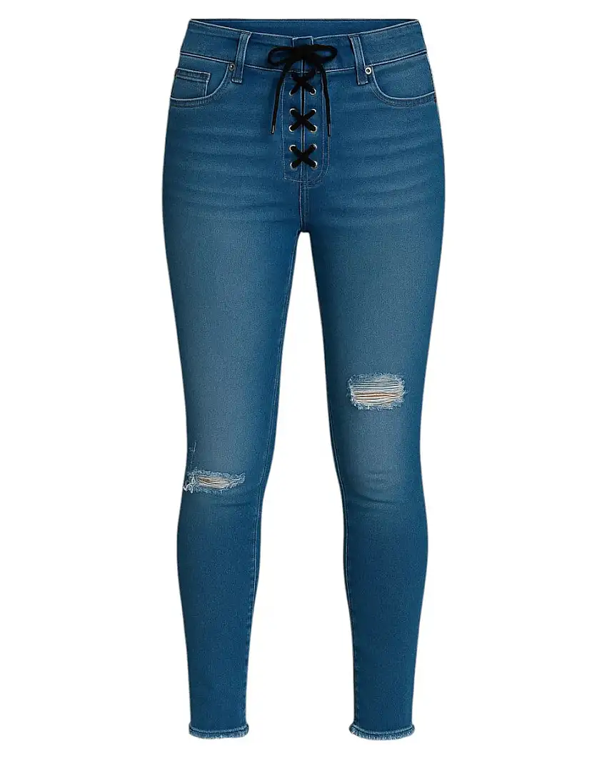 Jeans Skinny a Vita Alta con Lacci e Strappi – Denim Blu