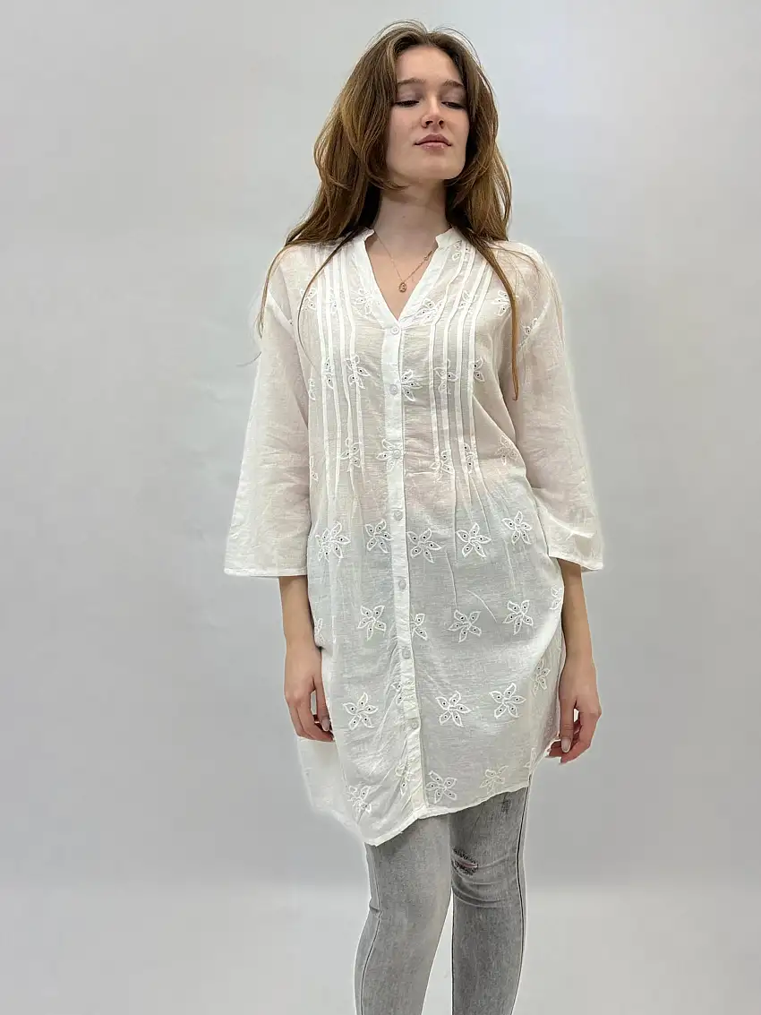 Camicia lunga in cotone con scollo coreana
