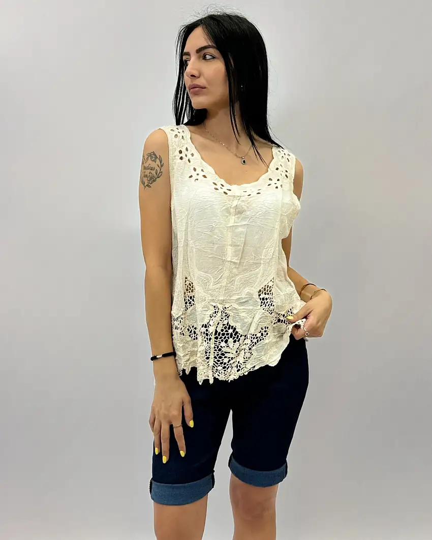 Blusa in cotone smanicata con dettagli