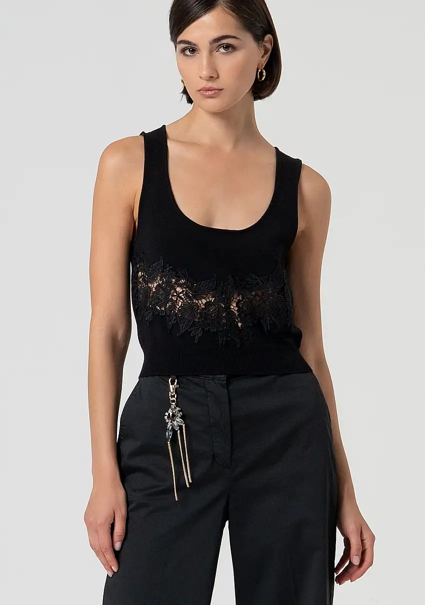 Top senza maniche in maglia con inserto in pizzo