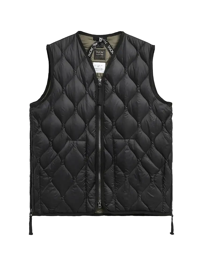 TAION Gilet Military V-Neck W-Zip Down in Soft Shell Nero