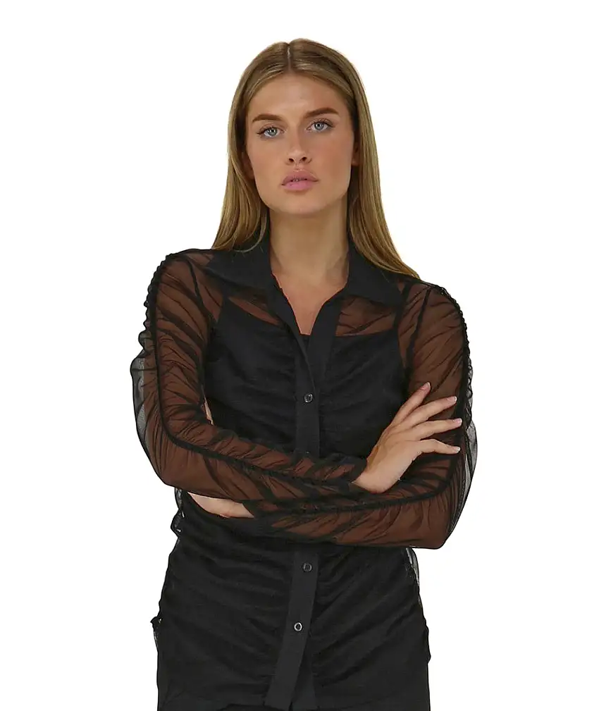 KAOS JEANS TULLE SHIRT WITH TRANSPARENT EFFECT QIJMA003 BLACK