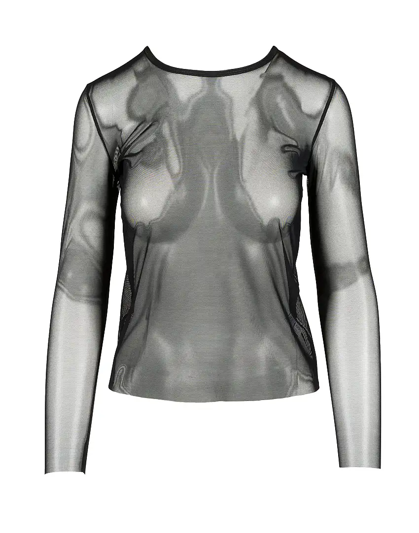 DOUUOD T-shirt Manica Lunga in Tulle Nera