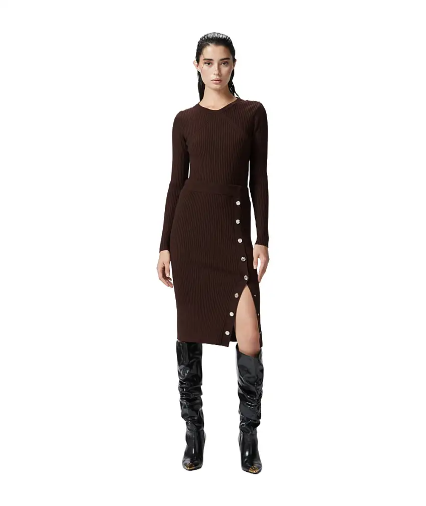 PINKO RIBBED SKIRT WITH REFRIGERATION BUTTONS BROWN