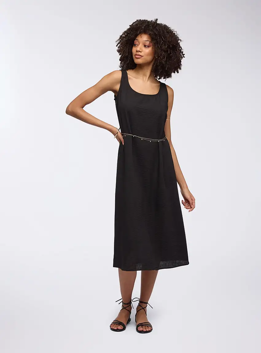 Vestito lungo tinta unita spalla larga Nero