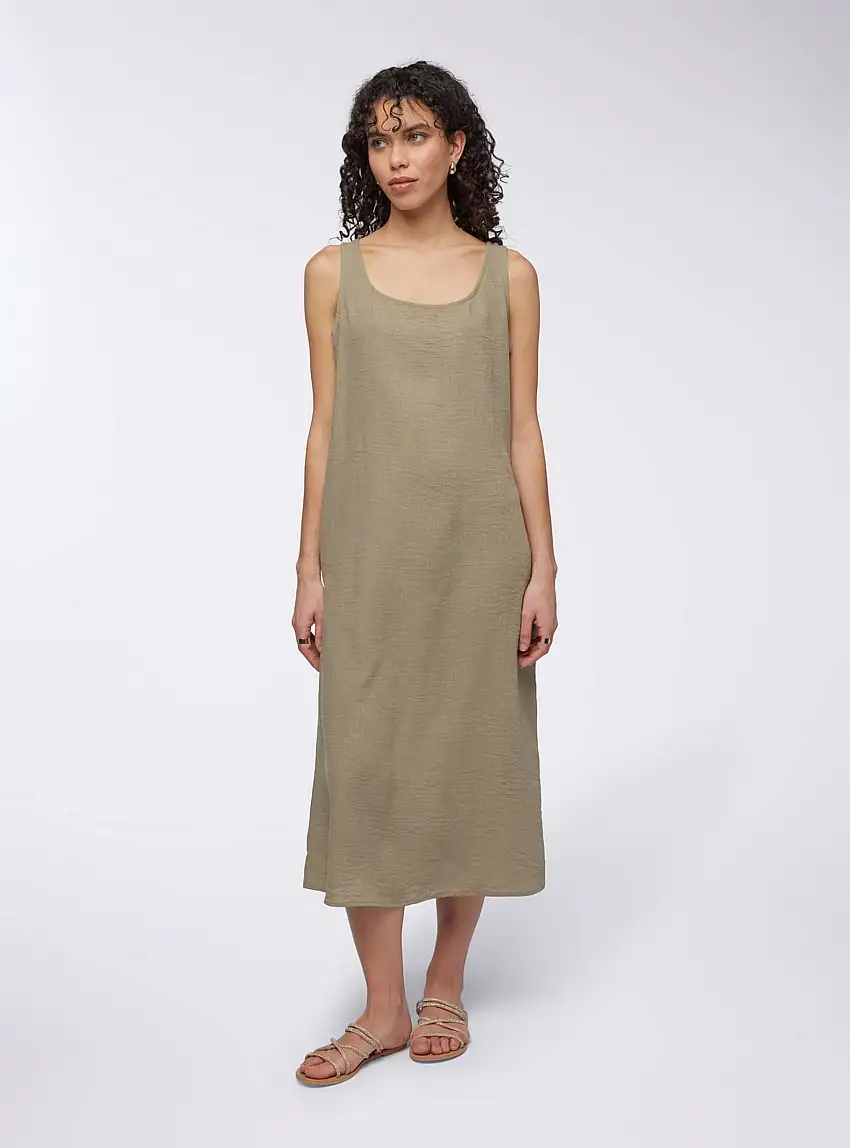 Vestito lungo tinta unita spalla larga Kaki