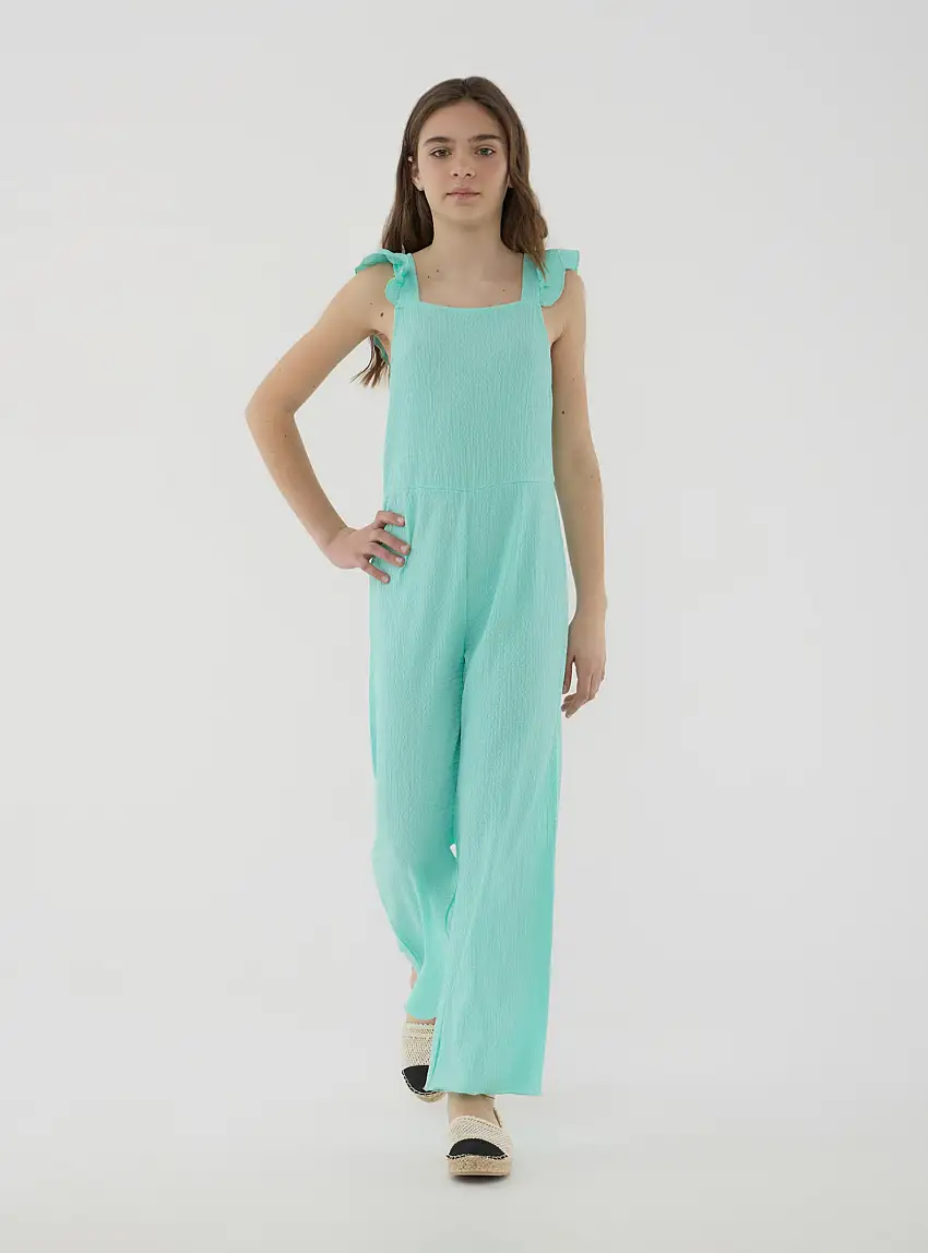 Tuta goffrata smanicata con volant Acquamarina