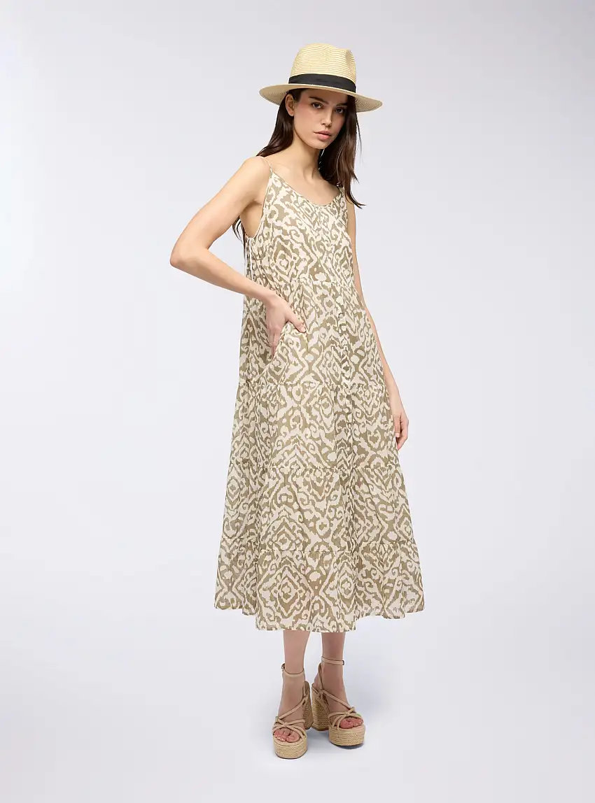 Vestito lungo chemisier a fantasia in cotone Var kaki