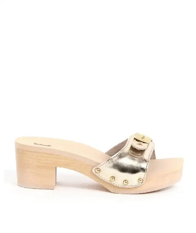 SCHOLL WOOD AND METALLIC LEATHER CLOGS PESCURA IBIZA F314262329 GOLD