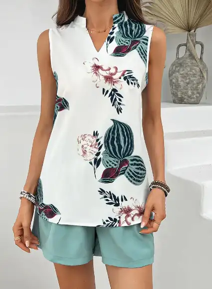 Completo Estivo Senza Maniche da Donna con Top Stampato e Pantaloni con Tasche