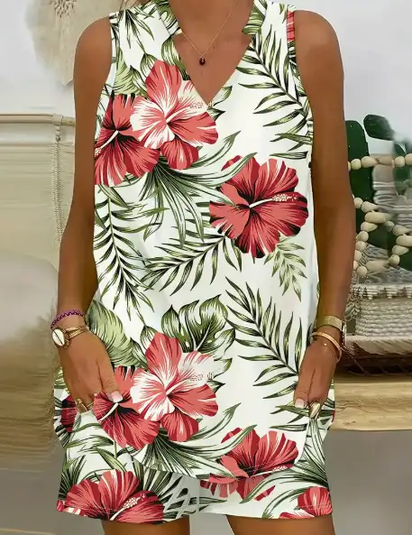 Completo Estivo Senza Maniche da Donna a Due Pezzi con Stampa Integrale e Tasche