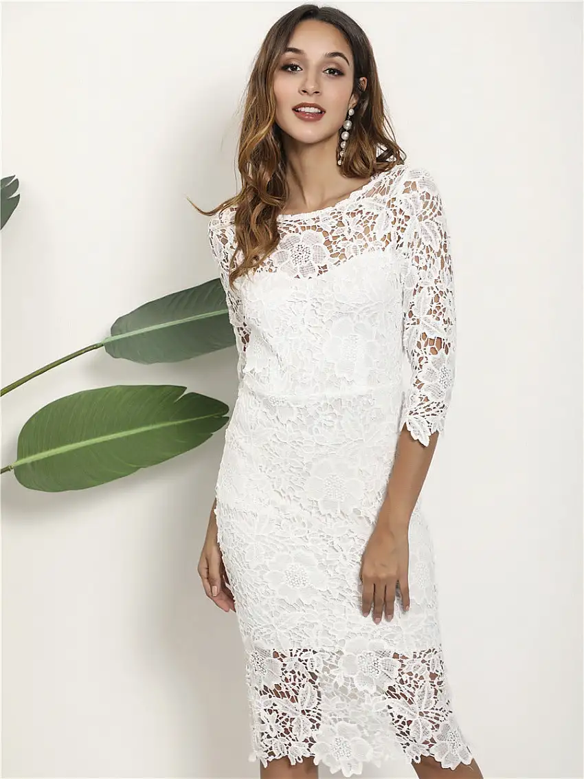 Abito Autunnale in Pizzo Midi da Donna – Maniche Lunghe, Dettagli Traforati, Motivo Floreale, Vita Media