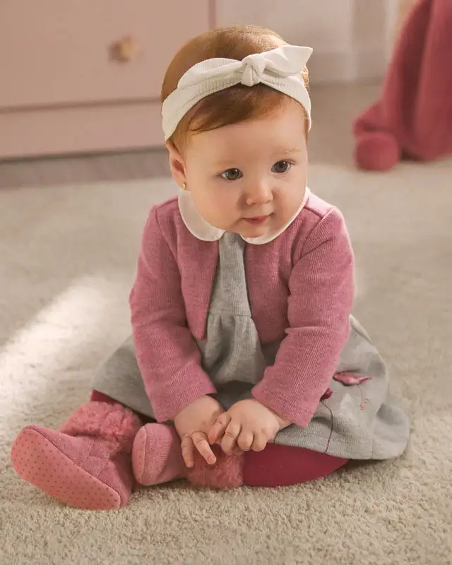 Abito grigio in puro cotone con colletto camicia e coprispalla lampone 6-18 mesi