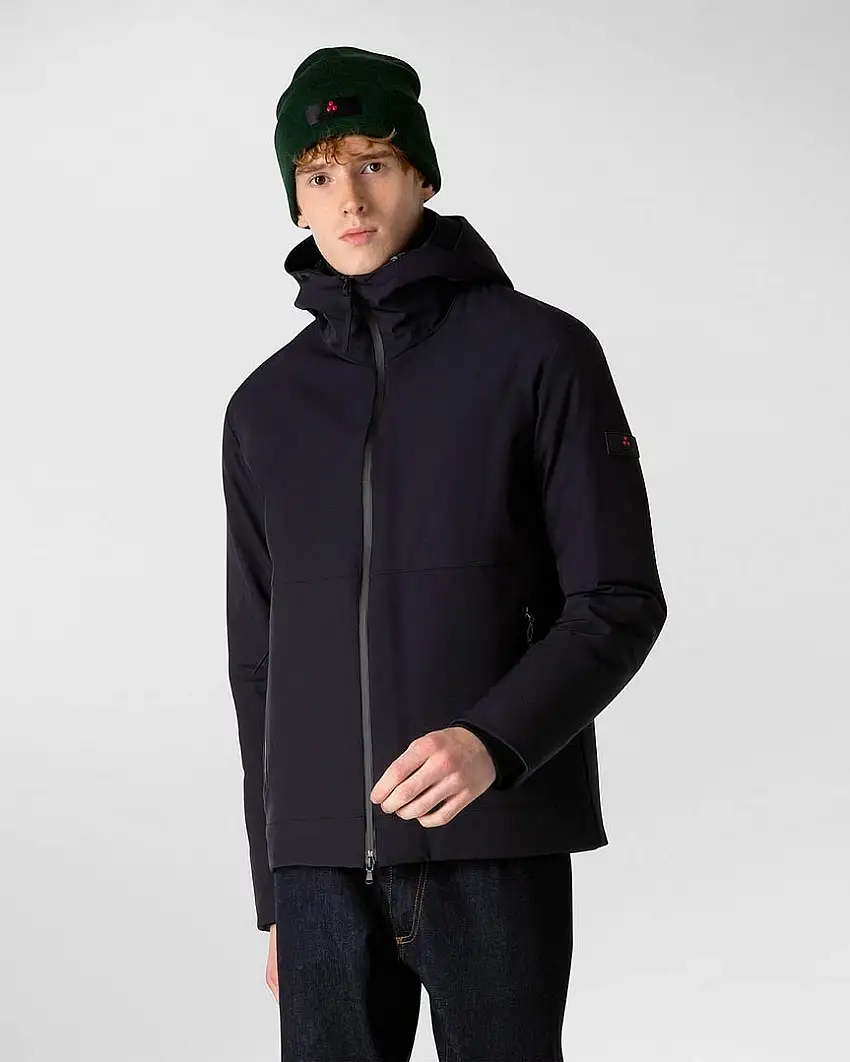 Giubbino Loge blu in tessuto tecnico accoppiato con cappuccio fisso