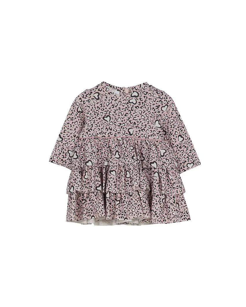 Abito corto a balze rosa con stampa cuori stile maculato all over 6-18 mesi