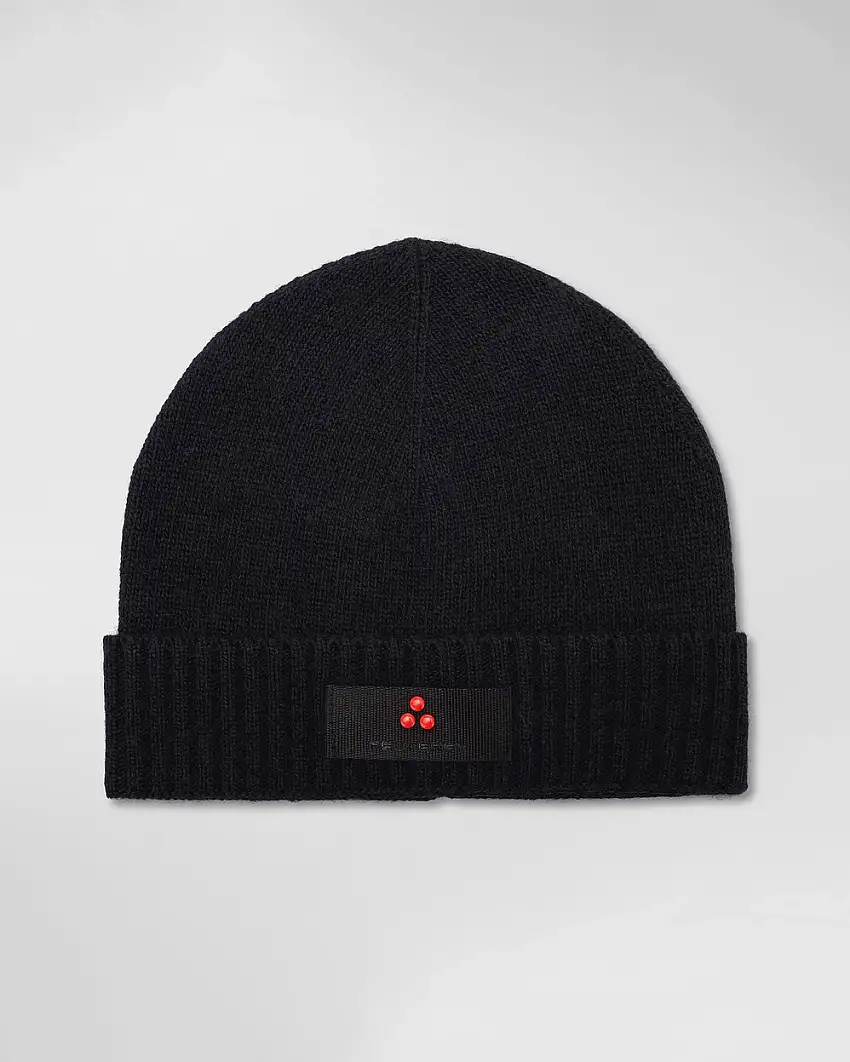 Berretto Peuterey blu in misto lana e cachemire con risvolto e patch porta logo