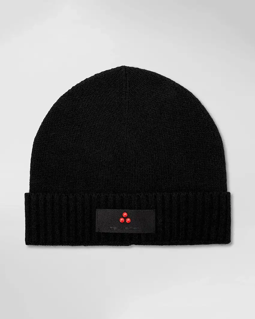 Berretto Peuterey nero in misto lana e cachemire con risvolto e patch porta logo