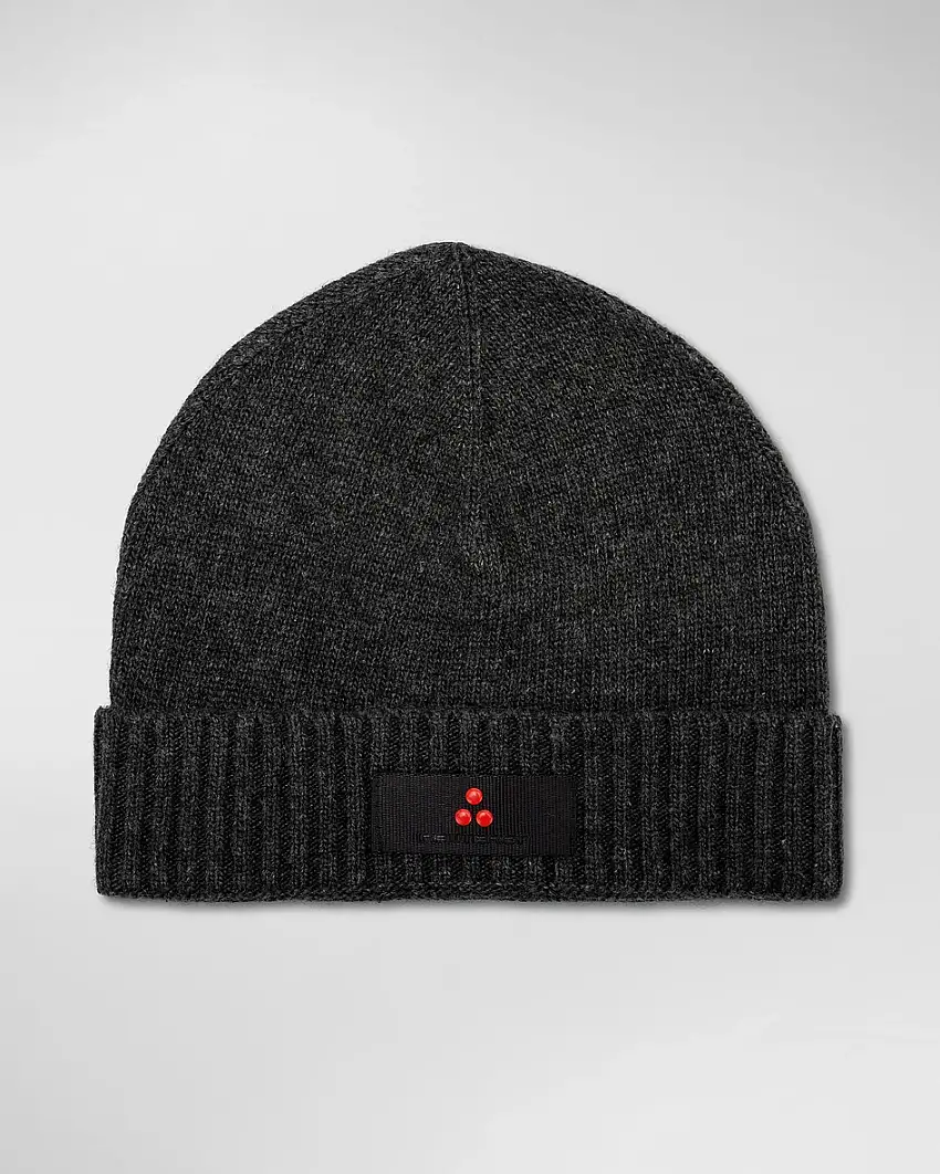 Berretto Peuterey antracite in misto lana e cachemire con risvolto e patch porta logo