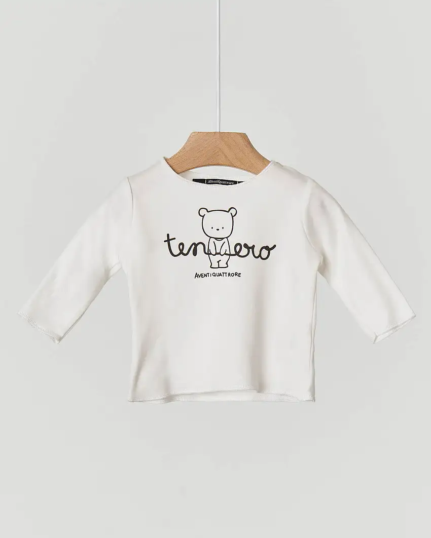 T-shirt manica lunga bianca con orsetto e scritta tenero 3-9 mesi