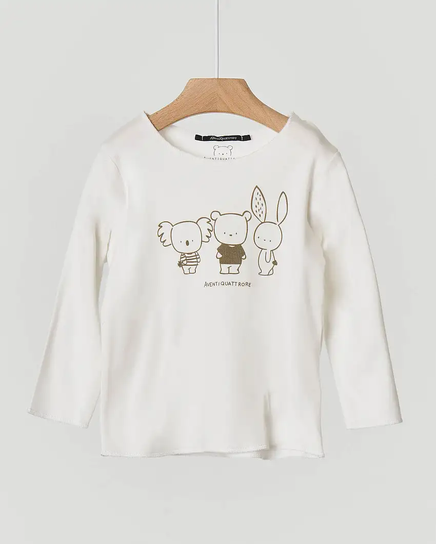 T-shirt panna manica lunga con stampa animaletti e logo 6-18 mesi