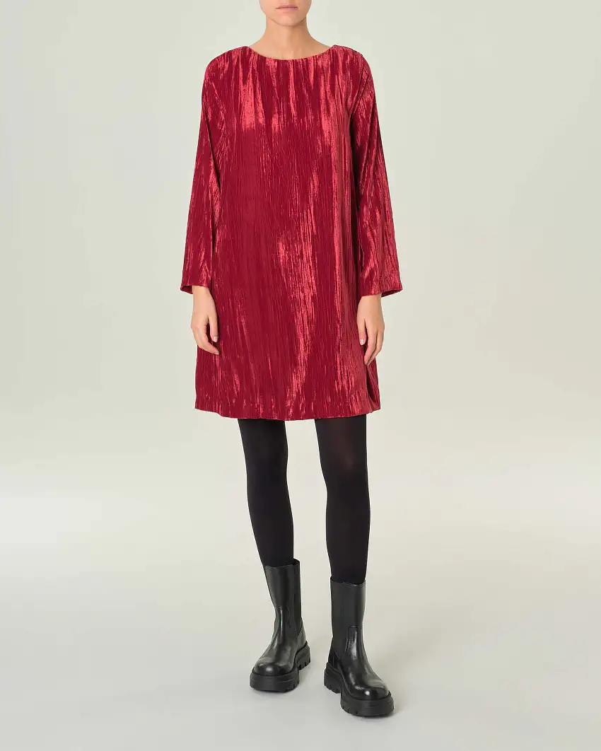 Abito corto a tunica rosso in velluto riccio con maniche a tre quarti