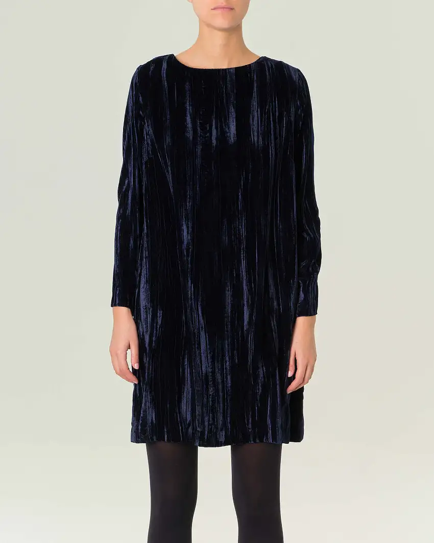 Abito corto a tunica blu in velluto riccio con maniche a tre quarti