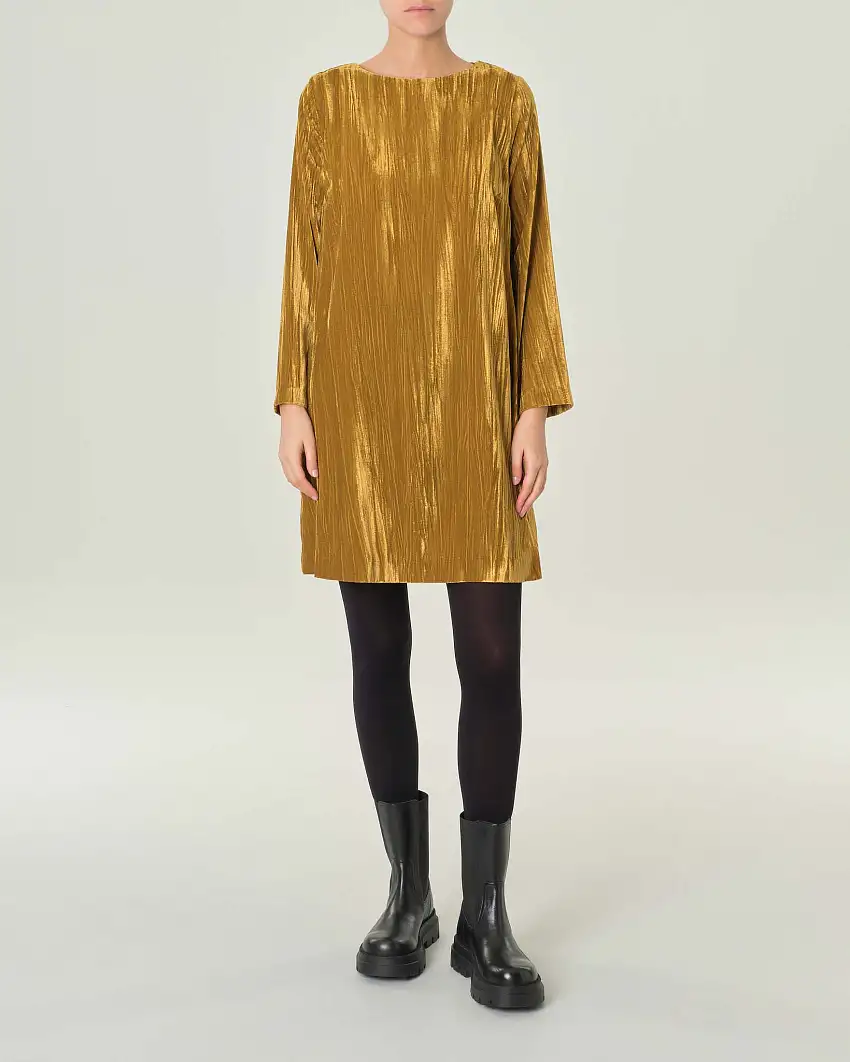 Abito corto a tunica giallo in velluto riccio con maniche a tre quarti
