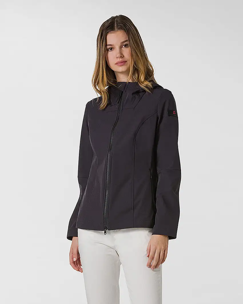 Giubbino blu slim fit in tela di nylon elasticizzato effetto semi lucido con cappuccio