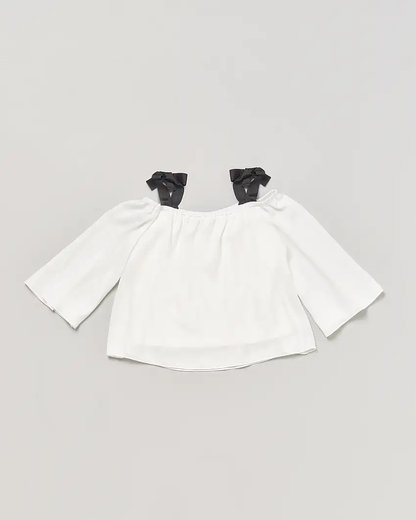 Blusa bianca a spalla scoperta con spalline nere annodabili a fiocco 36-38