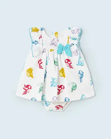 Abito bianco in cotone senza maniche con stampa uccellini e mutandina abbinata 6-18 mesi