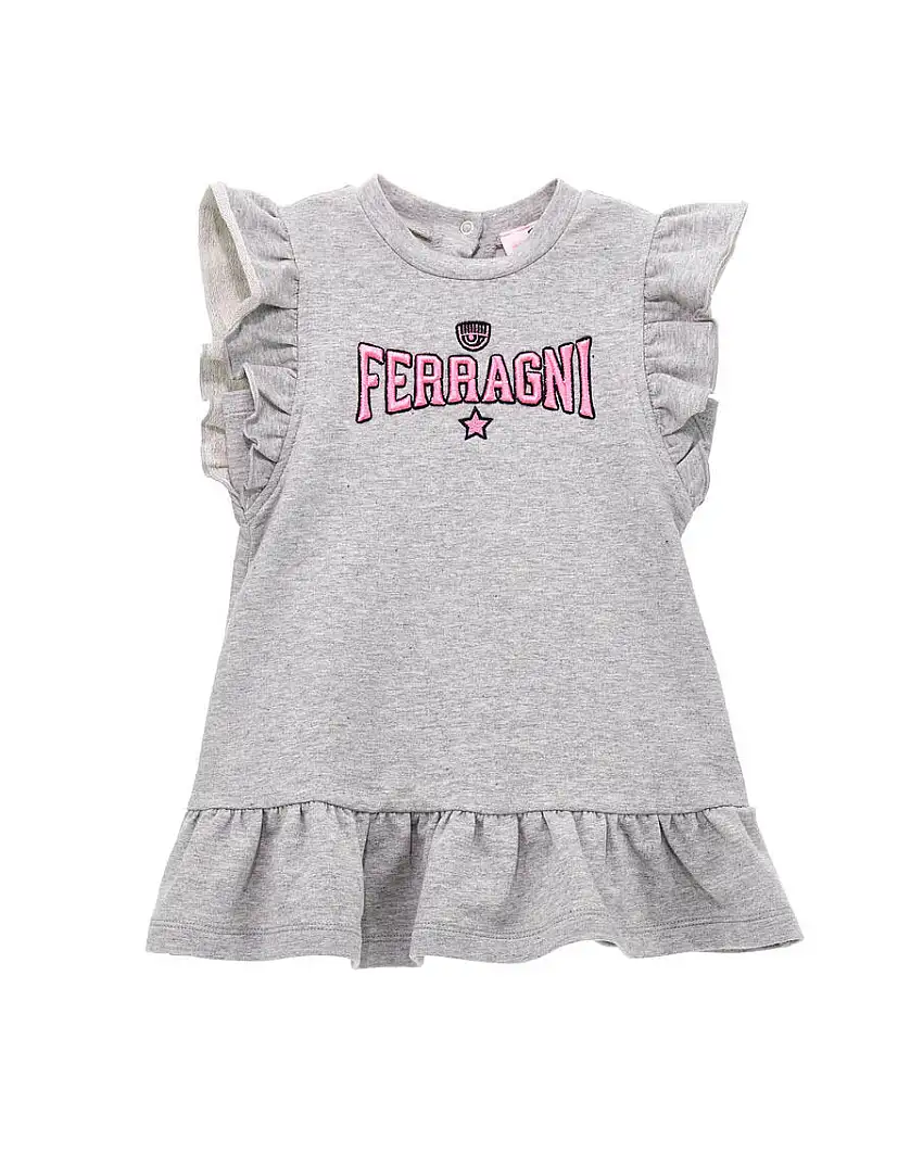 Abito grigio in felpa smanicato con scritta logo rosa e rouches 2-3 anni