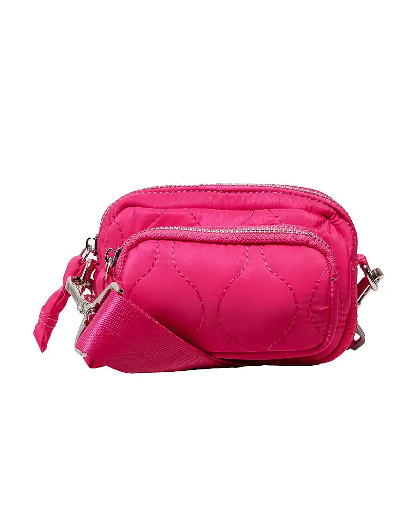 Borsa fucsia in nylon trapuntato con tasca esterna e tracolla spessa rimovibile