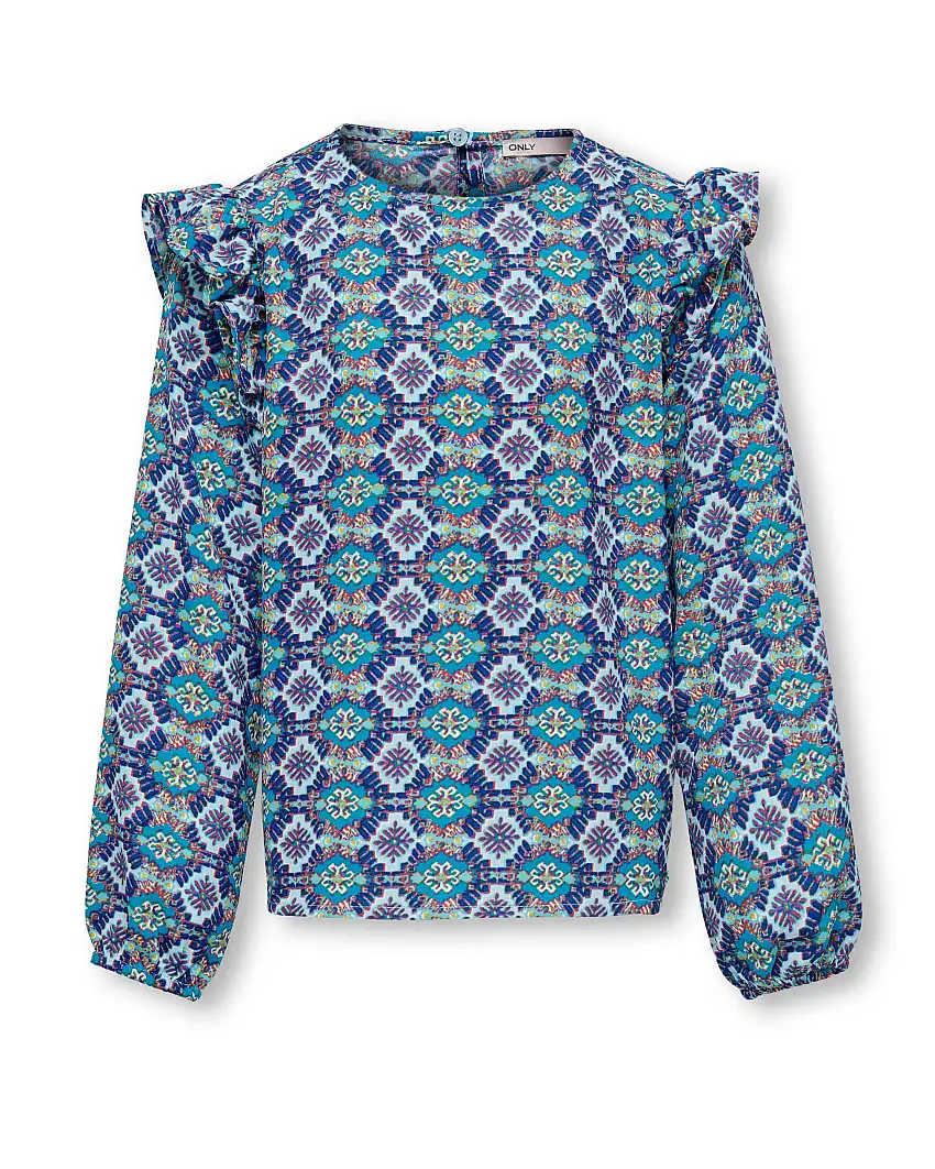 Blusa blu e azzurra in chiffon a fantasia ceramica con volant sulle spalle 10-14 anni
