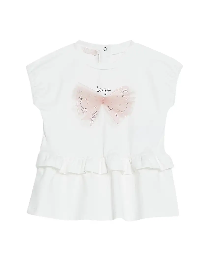 Abito bianco in cotone stretch con fiocco rosa a motivo bandana 6-18 mesi