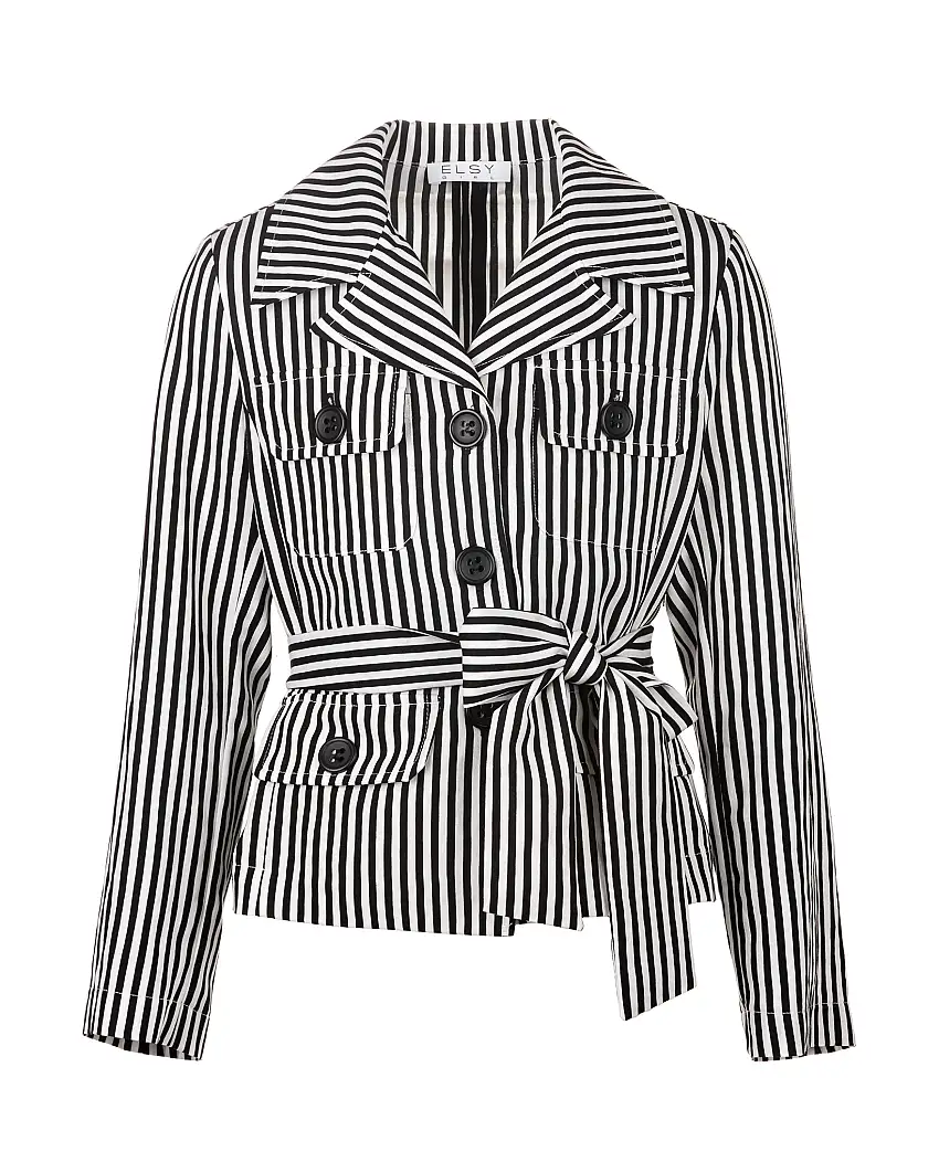 Sahariana bianca e nera a righe verticali con cintura annodabile in coordinato 38